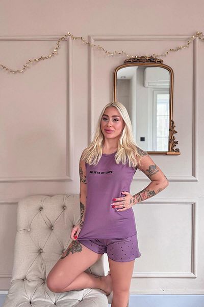 Pijamaevi Lila Believe Patterned Bamboo Women's Pajamas Set with Zero Sleeve Shorts