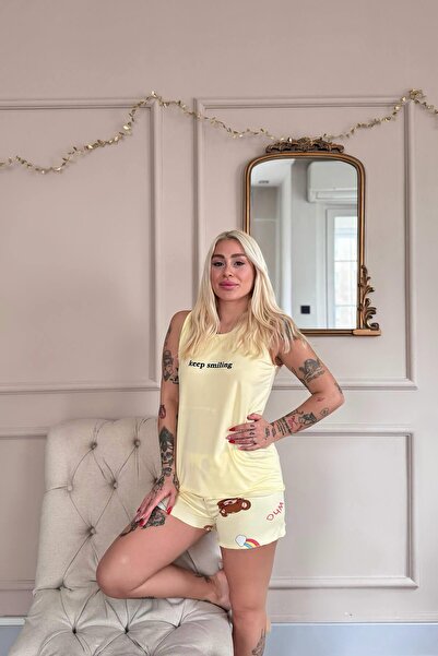 Pijamaevi Γυναικείο σετ πιτζάμες με κίτρινο σχέδιο Keep Smiling από μπαμπού με σορτς μηδενικού μήκους