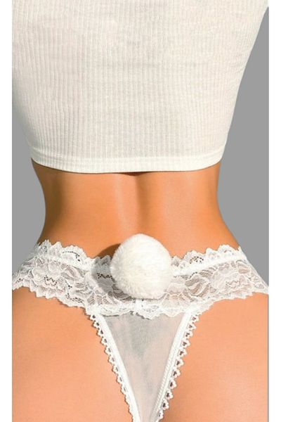 Cooqpoo White S/M - L/Xl Size Thong Women's Panties with Pompom on the Back