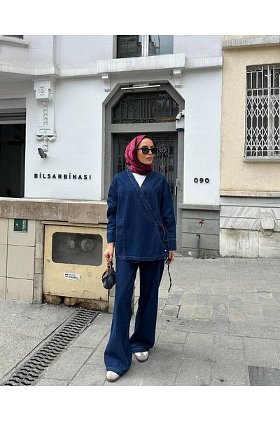 Molly Nelly Women's Navy Blue Denim Pants Lace Detailed Blouse Set