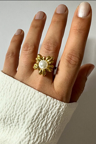 Çelik Ayarlanabilir Gold Vintage Çiçek İnci Yüzük