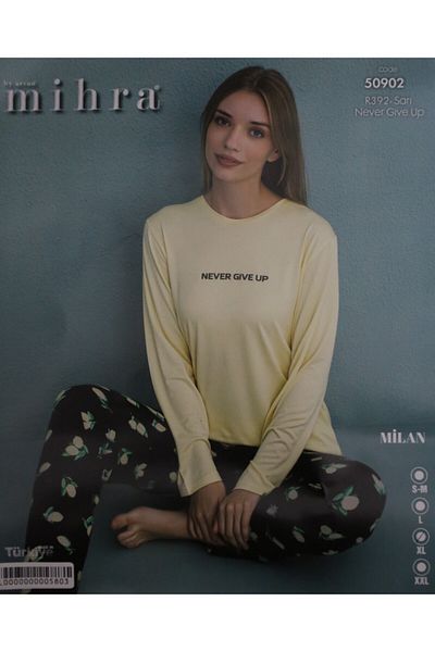 Mihra Zero Collar Yellow Lemon Patterned Milan Fabric Pajama Set