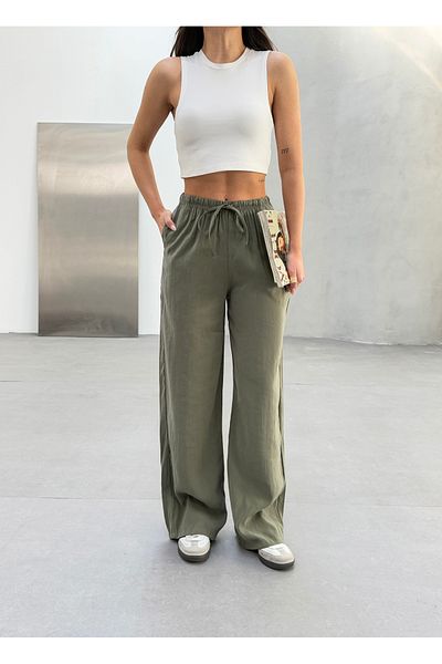veres Pantaloni de vară drapați, din țesătură moale, kaki, cu talie lată, cu talie elastică