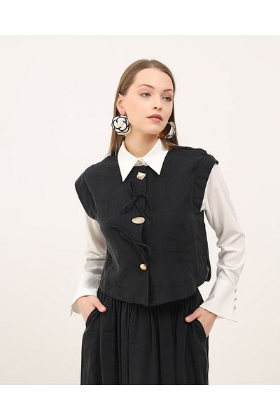 Molly Nelly Women's Summer Tie-Up Black Vest Skirt Suit