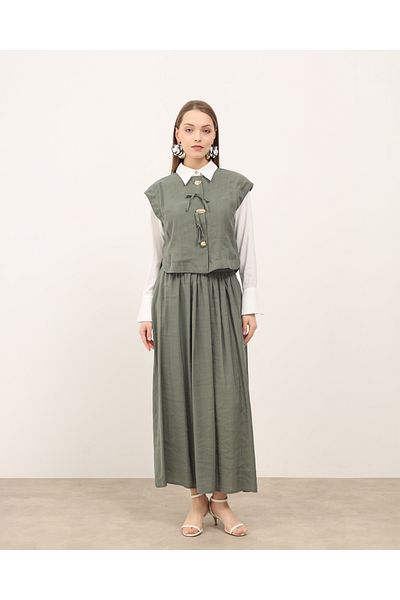 Molly Nelly Women's Summer Tie-Up Khaki Vest Skirt Suit