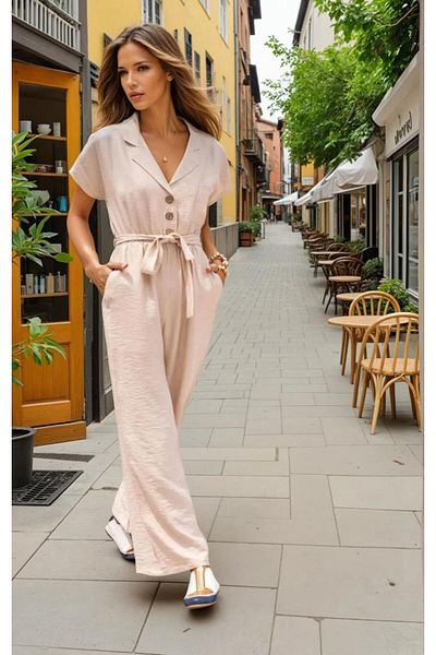 Pasaklı Giyim Women's Stone Short Sleeve Loose Wide Leg Pocket Belted Casual Jumpsuit 3405430