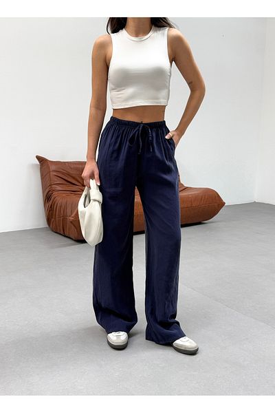 veres Women's Navy Blue Soft Modal Woven Fabric Wide Leg Elastic Waist Draped Summer Pants
