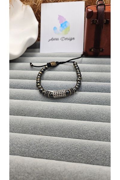 AURA Men's Macrame Natural Stone Bracelet, Hematite and Zircon Stone