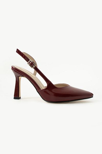 es exello Kylie Mini Back Open Goblet Heeled Burgundy Patent Leather Shoes