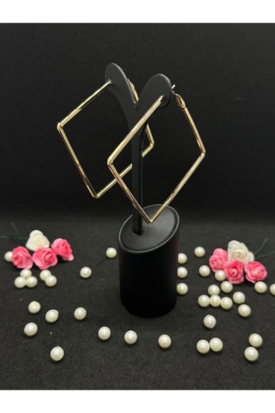 Kadın Gold Renk 7,5 Cm Kare Halka Küpe