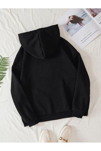 LOLOX Unisex Black 3 Thread Hooded Oversize Sweatshirt