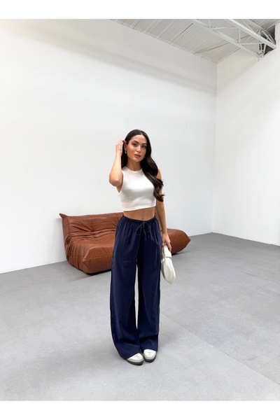 veres Kadın Lacivert Soft Modal Dokuma Kumaş Geniş Paça Beli Lastikli Dökümlü Yazlık Pantolon