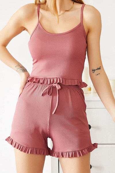 bacc Pink Rope Strap Frilly Cotton Women's Pajamas Suit Bc 241122