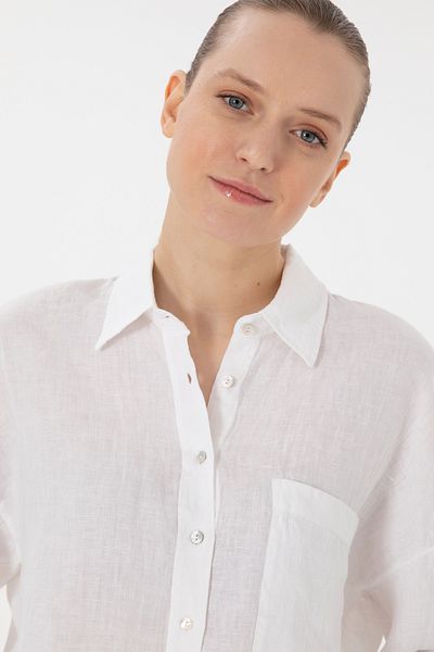 U.S. Polo Assn. Women's White Long Sleeve Linen Tunic Shirt 50299794-Vr013