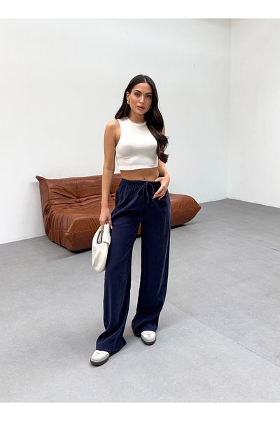 veres Women's Navy Blue Soft Modal Woven Fabric Wide Leg Elastic Waist Draped Summer Pants