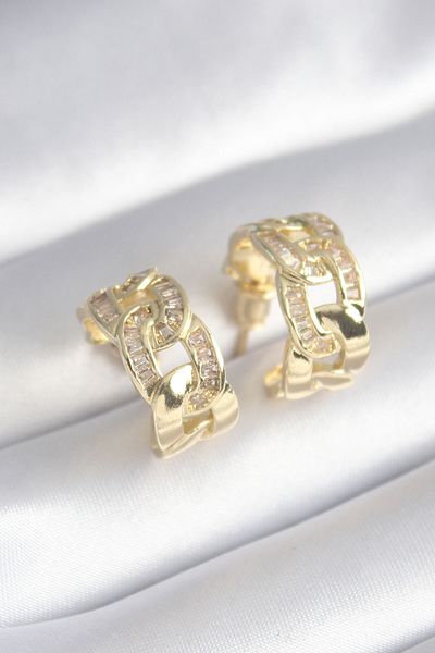 LovelymCo Brass Gold Color Zircon Stone Detail Chain Model Women's Earrings - Lisinya