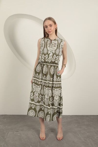Lukas Viscose Fabric Ethnic Patterned Dress-Khaki