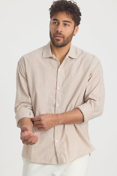 MADZEYMODA Prémiová pánská pruhovaná lněná košile Ecru LS-13024