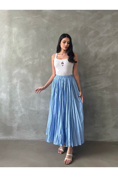 buqre's moda Fusta lungă din țesătură șifonată din satin pentru femei, cu talie elastică