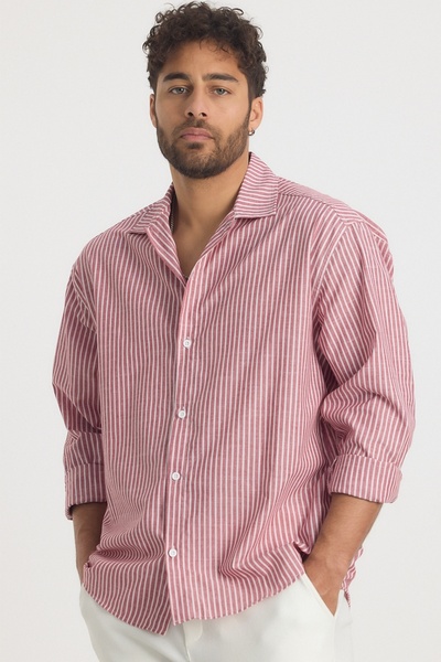 MADZEYMODA Premium Men's Striped Red Linen Shirt Ls-13024