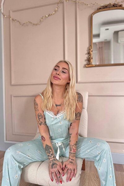 Pijamaevi Mint Daisy Lace Rope Strap Knitted Women's Pajama Set