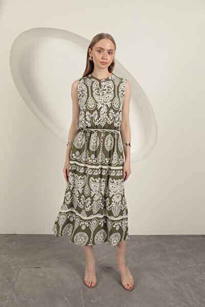 Lukas Viscose Fabric Ethnic Patterned Dress-Khaki