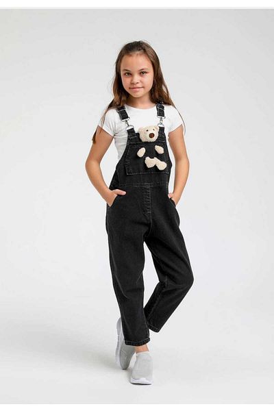 OliveYouMom Girl's Teddy Bear Detailed Denim Denim Salopet Jumpsuit