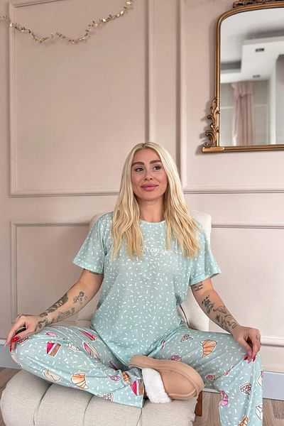 Pijamaevi Mint Sweet Dreams Patterned Knitted Short Sleeve Women's Pajamas Set