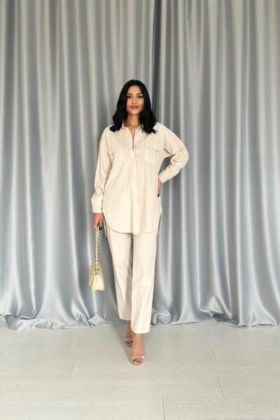 Femella Women Fashion Σετ πουκάμισο μπεζ και παντελόνι με κουμπωτά
