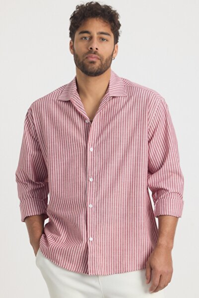 MADZEYMODA Premium Men's Striped Red Linen Shirt Ls-13024