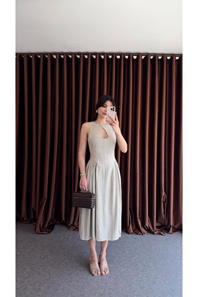 HAZELANNA فستان فاخر من الكتان ذو الياقة المنخفضة