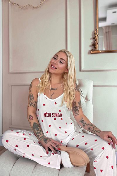 Pijamaevi Red Heart Printed Rope Strap Knitted Women's Pajama Set