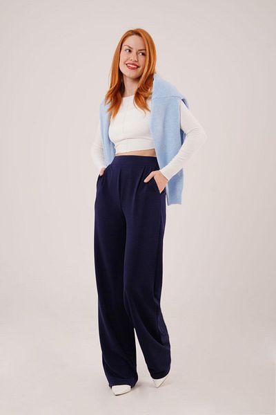 Hipo Trend Vibe Unico High Waist Wide Leg Crepe Navy Blue Trousers