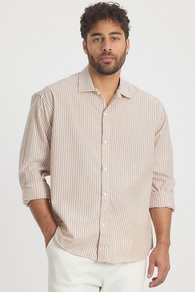 MADZEYMODA Prémiová pánská pruhovaná lněná košile Ecru LS-13024