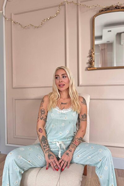 Pijamaevi Mint Daisy Lace Rope Strap Knitted Women's Pajama Set