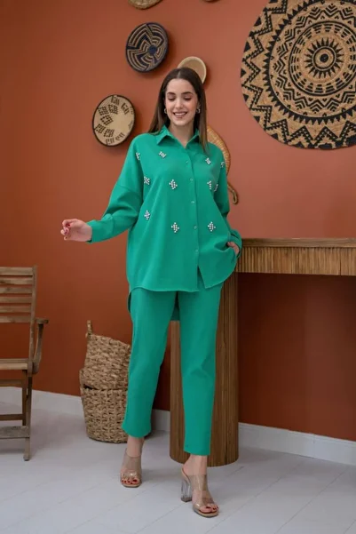 fh fashionhere Green Shirt Stone Corded Suit