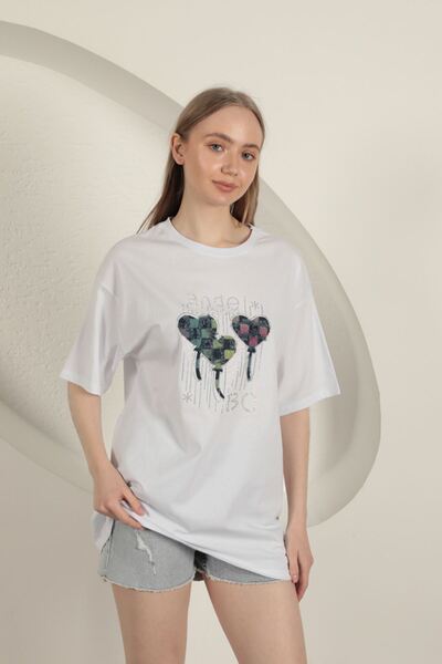 İlke Single Jersey Fabric Stone Printed Women's T-Shirt-White