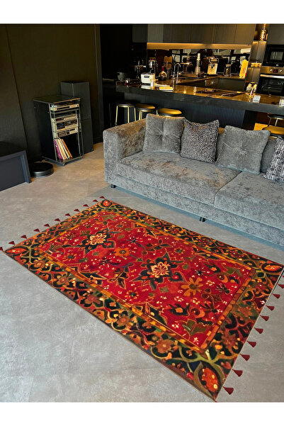 Rugs Modern Halı Royal Çiçek Figürlerİ Desenli Püskül Detaylı Dokuma Taban De...