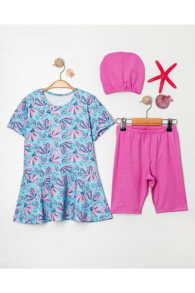 Modomood Girl's Top, Bonnet, Tights 3 Piece Floral Patterned Hijab Sea Pool Swimsuit Set