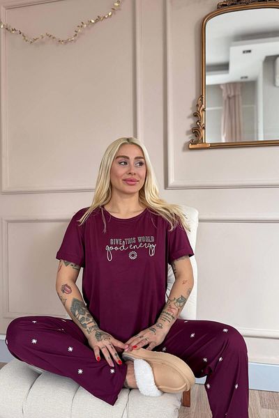 Pijamaevi Set de pijamale pentru femei cu mânecă scurtă din bambus cu model Good Energy