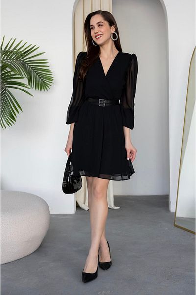 Afiş Butik Black Belted Chiffon Mini Dress