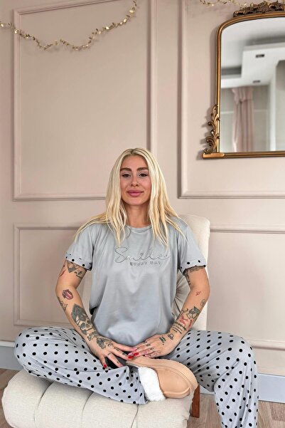 Pijamaevi Gray Smile Everyday Patterned Bamboo Short Sleeve Women's Pajama Set