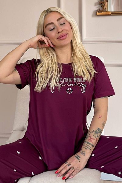 Pijamaevi Set de pijamale pentru femei cu mânecă scurtă din bambus cu model Good Energy