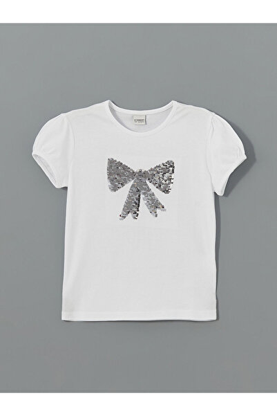 LC Waikiki Lcw Kids White Bicycle Collar Reversible Sequined Girl's T-Shirt