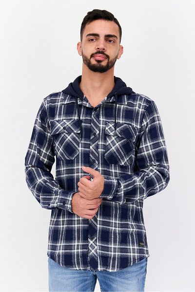 Silver Jeans Co. Men Hooded Long Sleeve Plaid Sweatshirt, Navy Combo