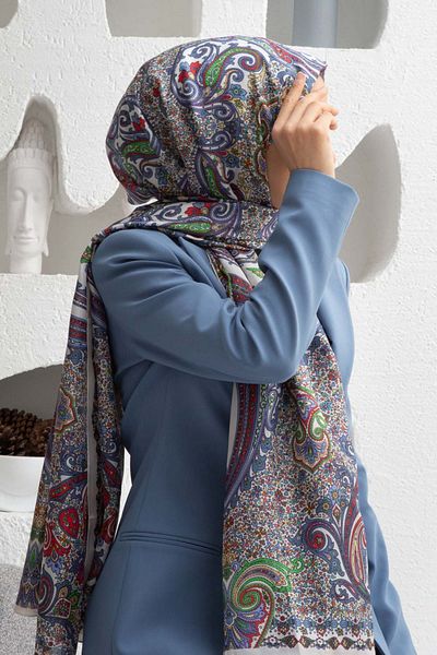 Vissona Σάλι 100% Silk Etro με σχέδιο Λευκό - Μπλε ναυτικό 92x210