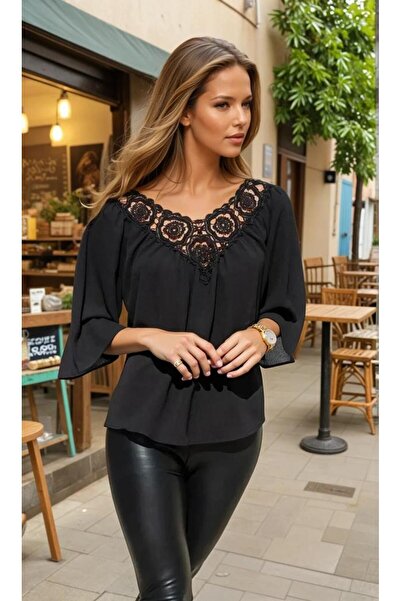 Pasaklı Giyim Bluză neagră pentru femei, cu dantelă în față și în spate, cu m...