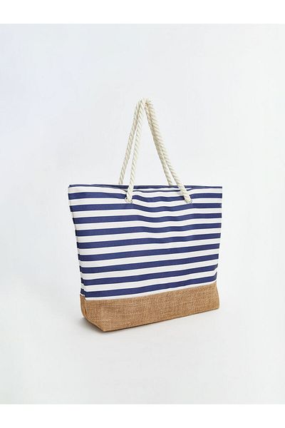 LC Waikiki Lcw Accessories Navy Blue Straw Drawstring Women's Beach Bag
