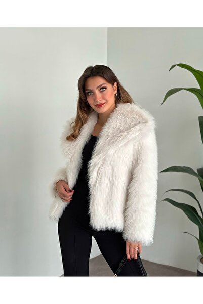 BERİ BUTİK Γυναικείο λευκό Premium μπουφάν από συνθετική γούνα