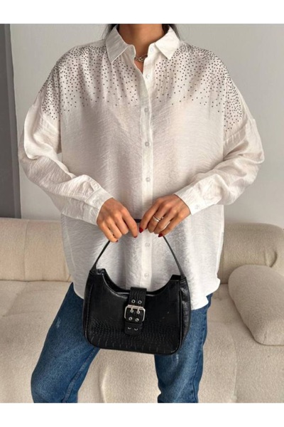 Butik Ayseba Kadın Taş Detaylı Zımba Detaylı Yıldızlı Keten Karışımlı Gömlek